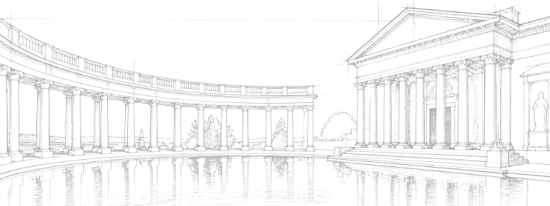 A classical marble temple and colonnade reflected in still water